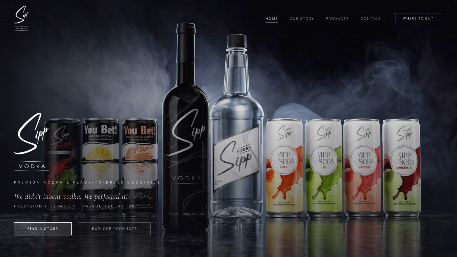 The Sipp homepage, the vodka bottles and the ready-to-drink cans under Find a store and Explore products buttons, built by Meridian15